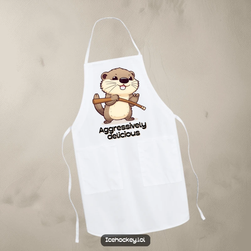 Funny apron showcasing a happy, fluffy otter aggressively checking an opponent with a hockey stick, ideal for a humorous cooking experience.