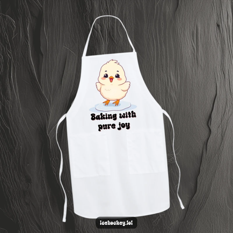 Funny Apron with a fluffy chick sliding on ice with glee, ideal for kitchen tasks and spreading cheer.