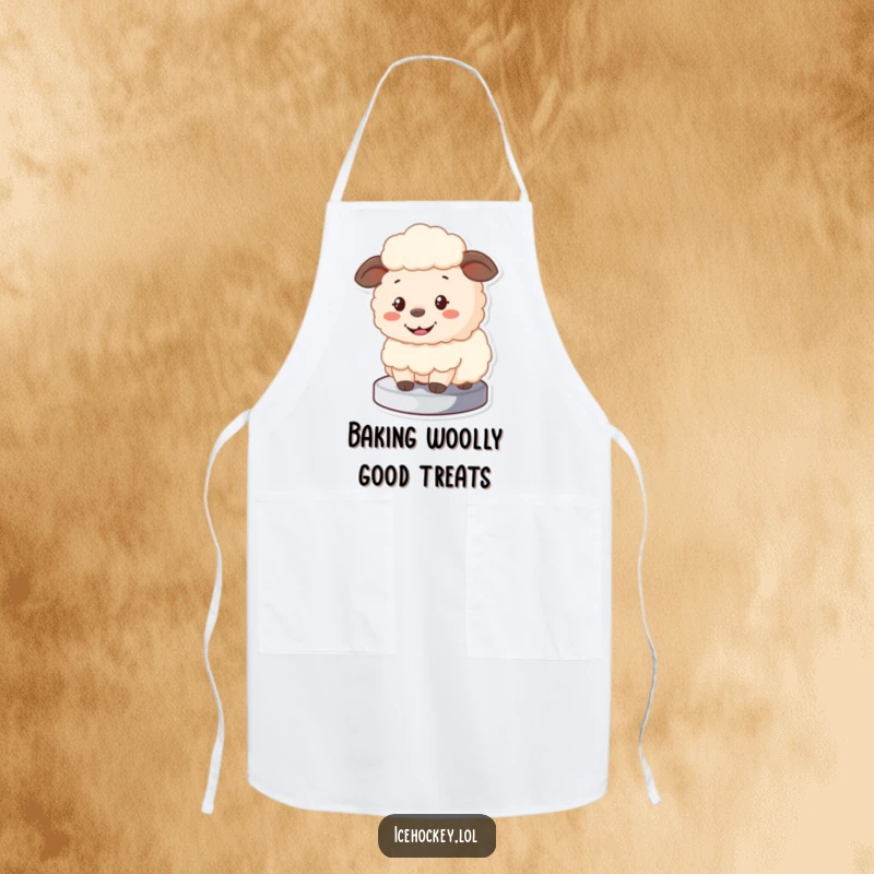 Funny Sheep Apron showing a fluffy cartoon sheep blocking a puck with a big smile, great for kitchen use.