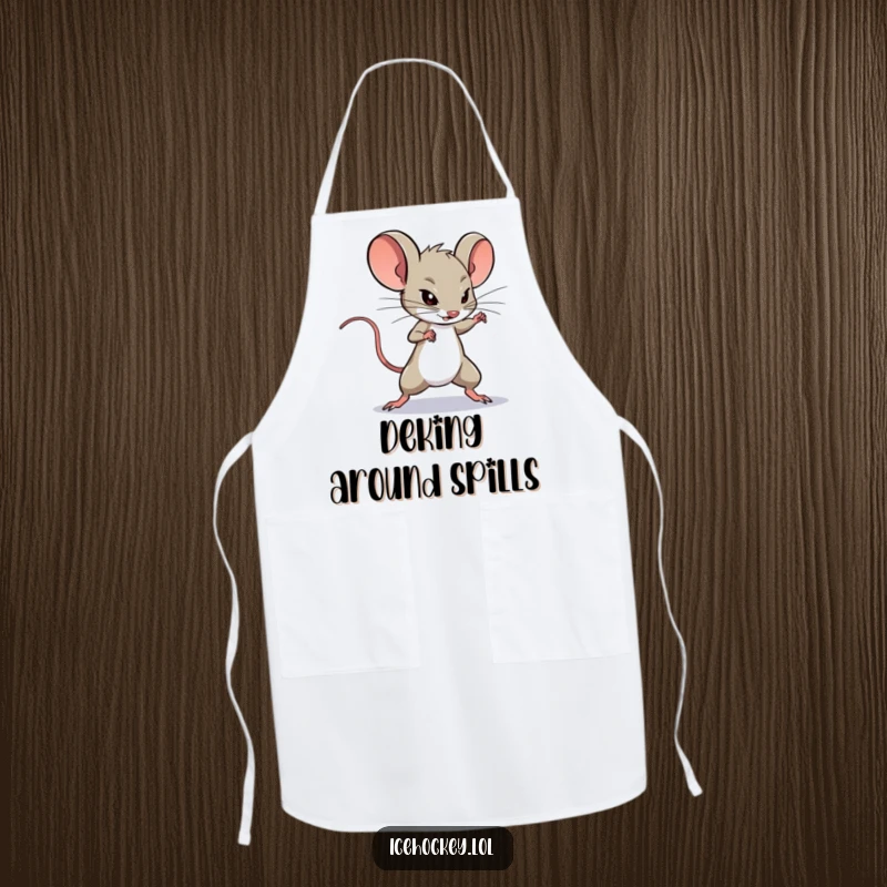 Funny Apron: A determined mouse performs an expert deke around a hockey opponent, bringing humorous tactical action to kitchen attire.