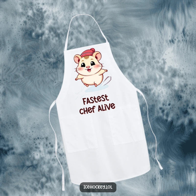 Funny hamster apron featuring a smiling, fast-moving hamster ice skating, bringing speed and cheer to the kitchen.
