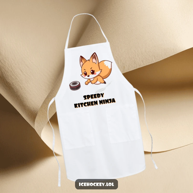 Funny apron with a playful fox comically fast, skating with a hockey puck, ready to serve up smiles in the kitchen.