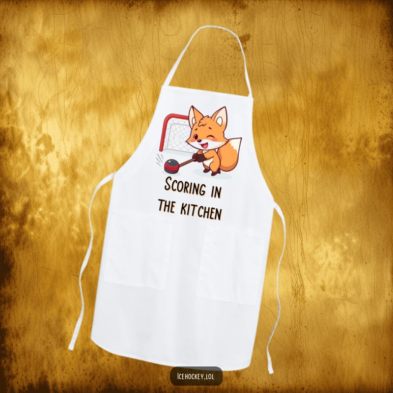 Funny apron showing a determined smiling fox in a hockey stance, ready to shoot a puck, for kitchen humor.