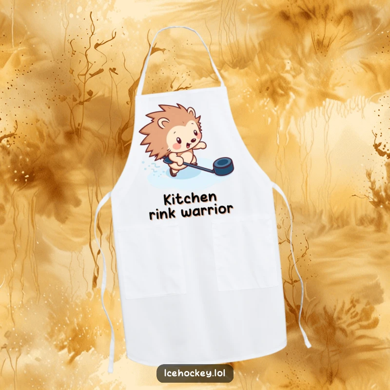 Funny apron showing a hedgehog zipping across ice with a puck, ideal for adding humor to kitchen tasks.