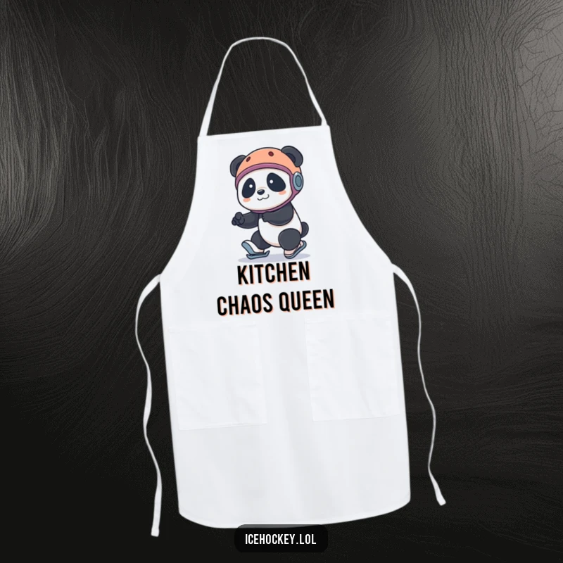Funny panda apron: a panda wearing a helmet comically tripping while roller skating, ready for kitchen chaos with a humorous flair.