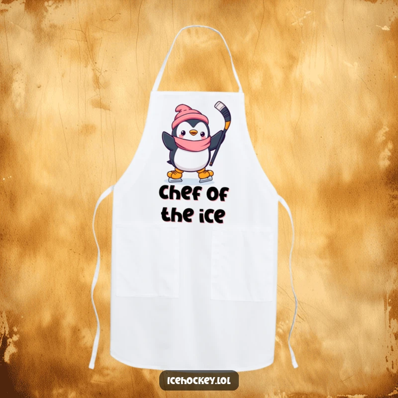 Funny apron showcasing a happy penguin with a hockey stick held high, ready to prepare delicious meals with glee.