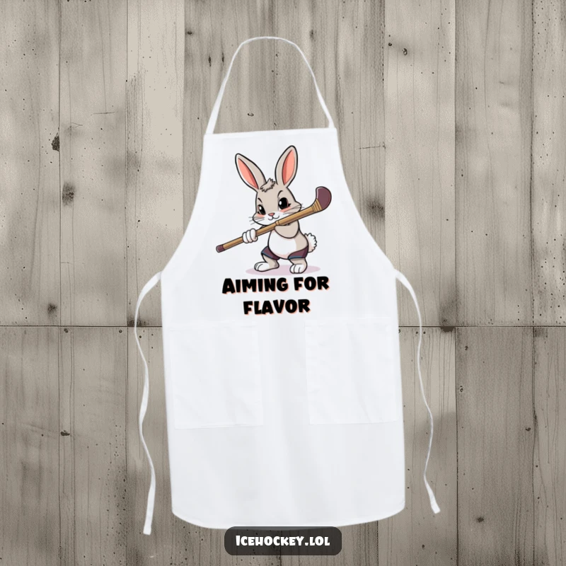 Funny apron with a determined rabbit aiming a hockey stick with intense focus, perfect for cooking.