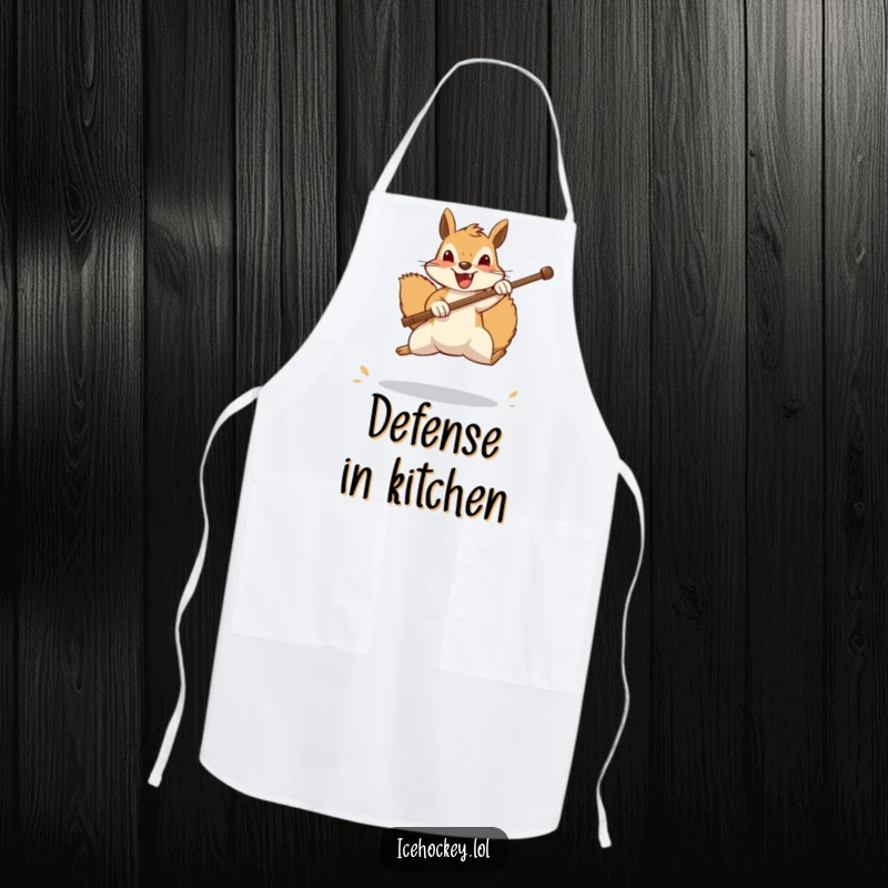 Funny squirrel apron, a cheerful squirrel leaps to block a shot with its stick, protecting the kitchen with funny goalie determination while cooking.