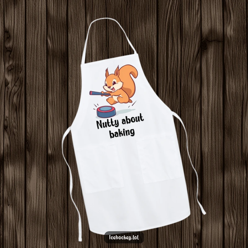 Funny squirrel apron: a brave squirrel leaping to block a phantom puck, ready for kitchen action with a humorous, defensive flair.
