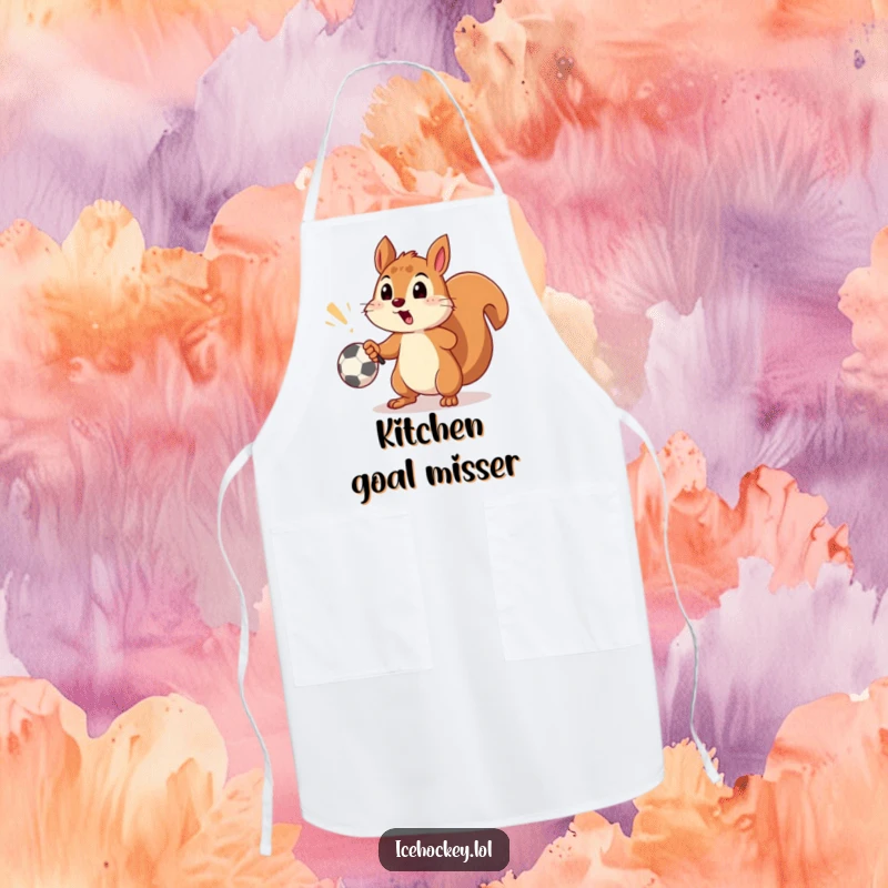 Funny apron with a surprised squirrel comically missing a soccer goal with a shot, ideal for kitchen adventures.