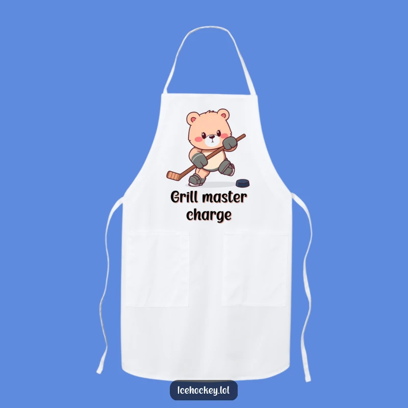 Funny Bear Hockey Apron: Charging Bruin with Stick & Puck, Kitchen Humor Gift