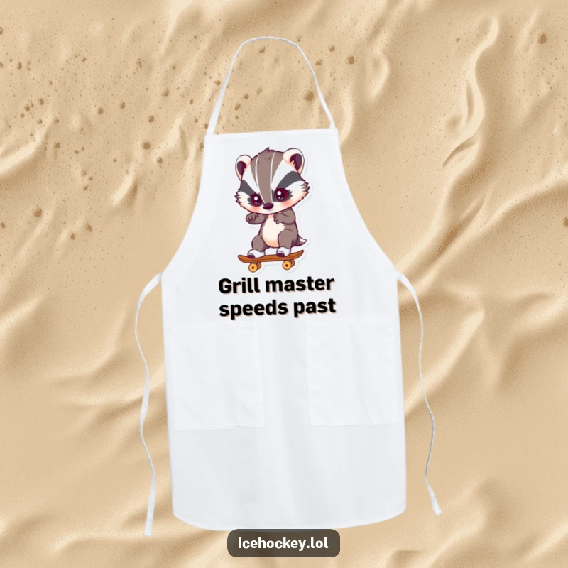 Funny Apron with a badger skating with intense focus, ideal for kitchen tasks and adding humor to cooking.