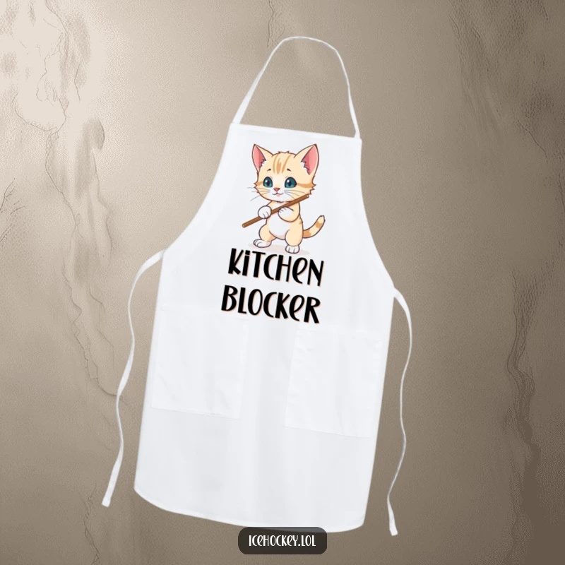 Funny apron: A wobbly kitten attempts to block a hockey puck with its stick, looking cute and ready to cook.