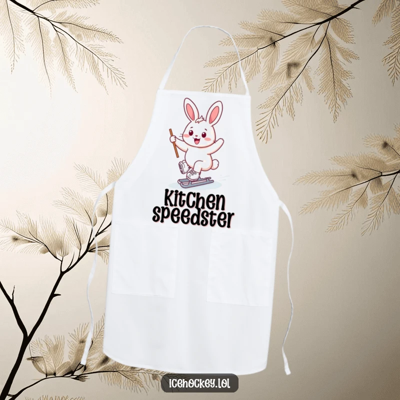 Funny bunny ice skater apron, cheerful bunny gliding on skates, stick held high, humorous kitchen wear.
