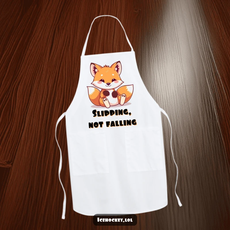 Funny apron with a playful fox in tiny hockey pads, sliding into a funny pose, perfect for cooking.