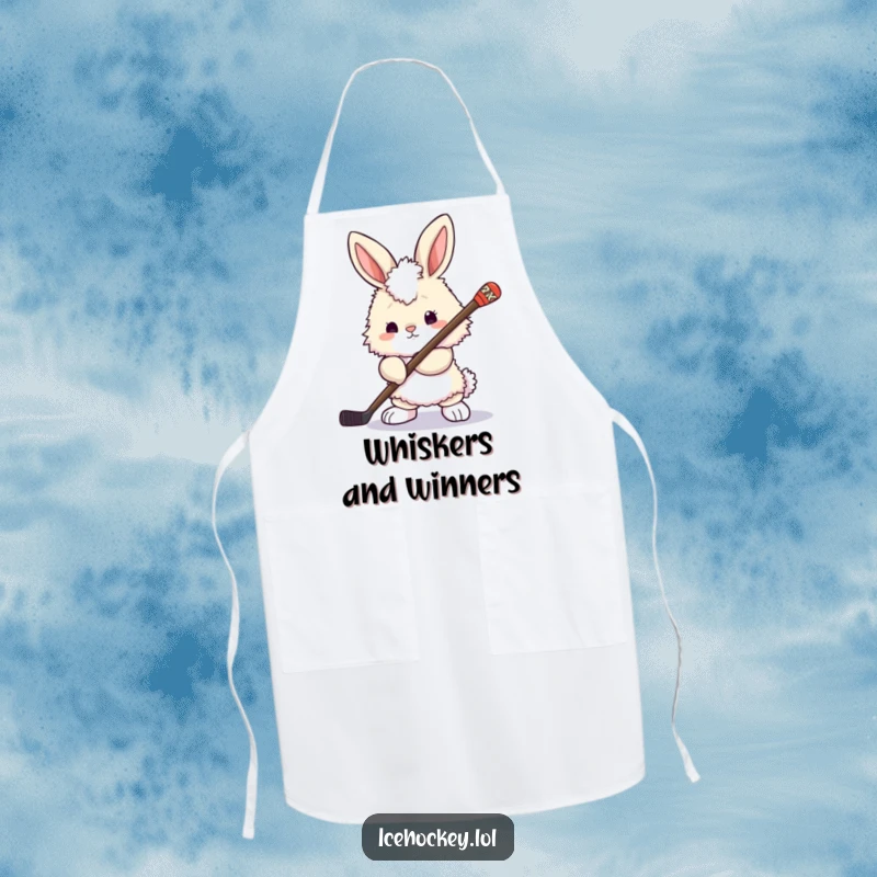 Funny bunny apron: a fluffy bunny holding a hockey stick, looking ready for kitchen action with a playful, determined flair.