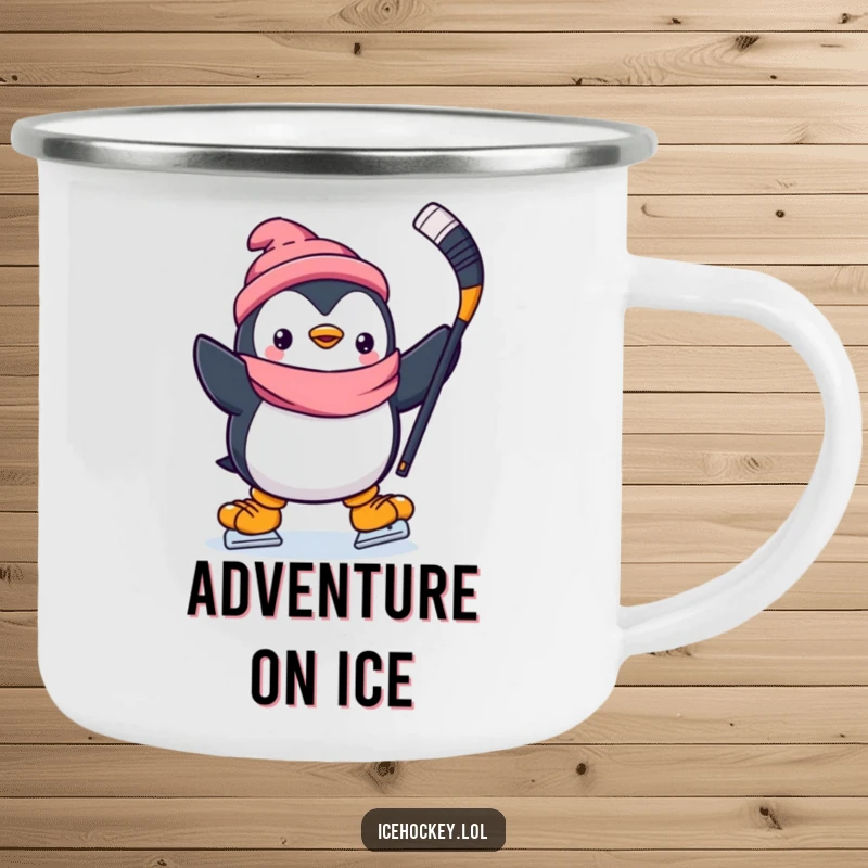 Funny camping mug of a happy penguin skating with a hockey stick raised high, ready for outdoor fun and warmth.