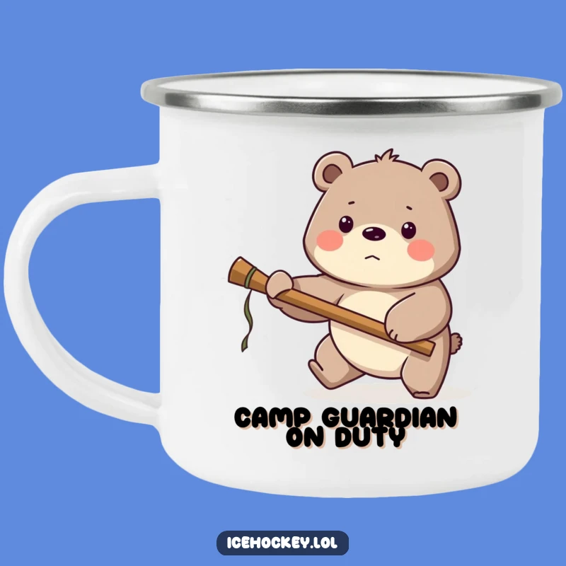 Funny Bear Hockey Camping Mug: Outdoor Defense with Goalie Bear