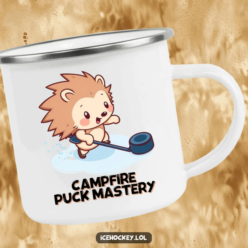 Funny camping mug featuring a hedgehog zipping with a puck, ready for outdoor fun and games.