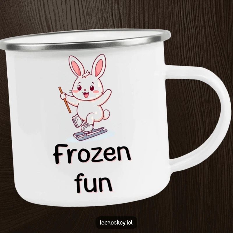 Funny bunny ice skater camping mug, cheerful bunny gliding on skates, stick held high, rugged and fun, great funny gift.