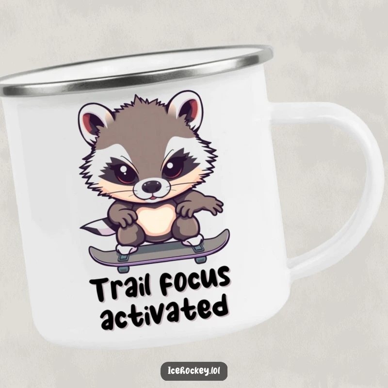 Funny badger camping mug with a brave badger intensely focused on ice skating, perfect for outdoor enthusiasts.