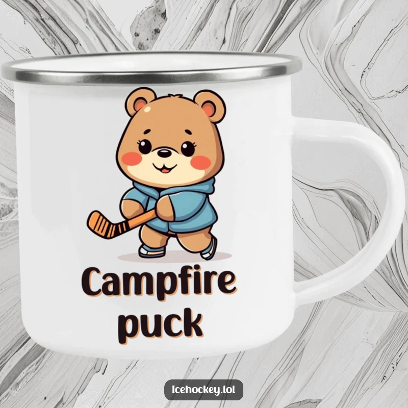 Funny camping mug with a determined bear stick-handling a hockey puck, ready for any adventure.