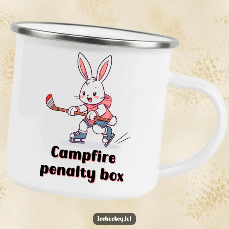 Funny camping mug with an enthusiastic bunny skating with a hockey stick, embodying the spirit of the game in the wilderness.