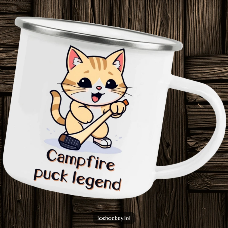 Funny Camping Mug: A proud cat takes a hockey slap shot with a puck, perfect for enjoying drinks outdoors with a smile.