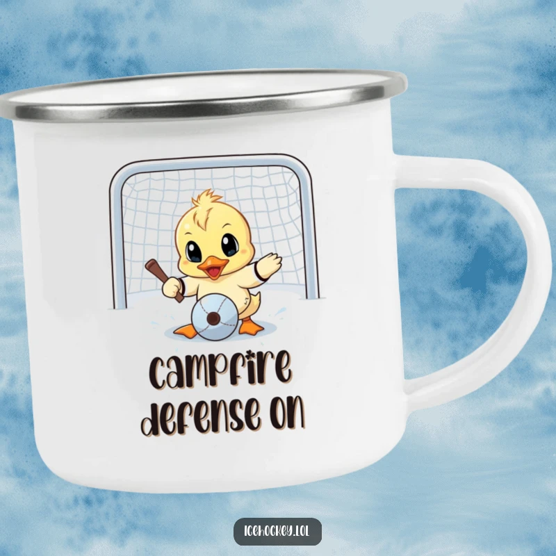 Funny camping mug with a little duck making a wide-eyed goalie save, embodying humorous determination in the great outdoors.