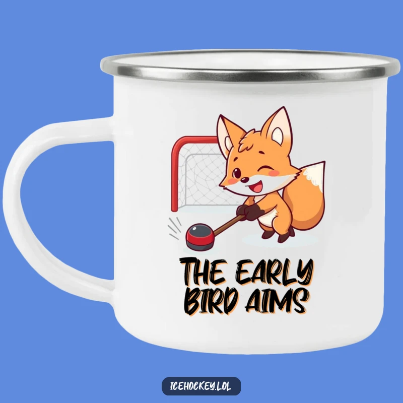Funny Fox Hockey Camping Mug: Brave Goalie Shot - Outdoor Funny Gift