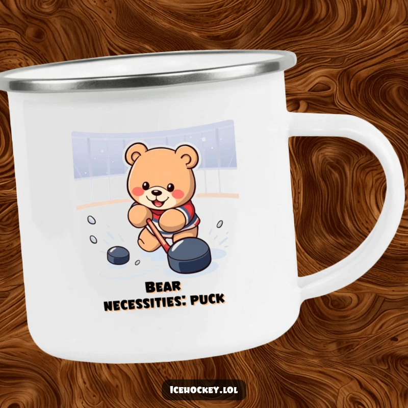 Funny Camping Mug with a determined bear powerfully shooting a hockey puck, built for rugged use and good cheer.