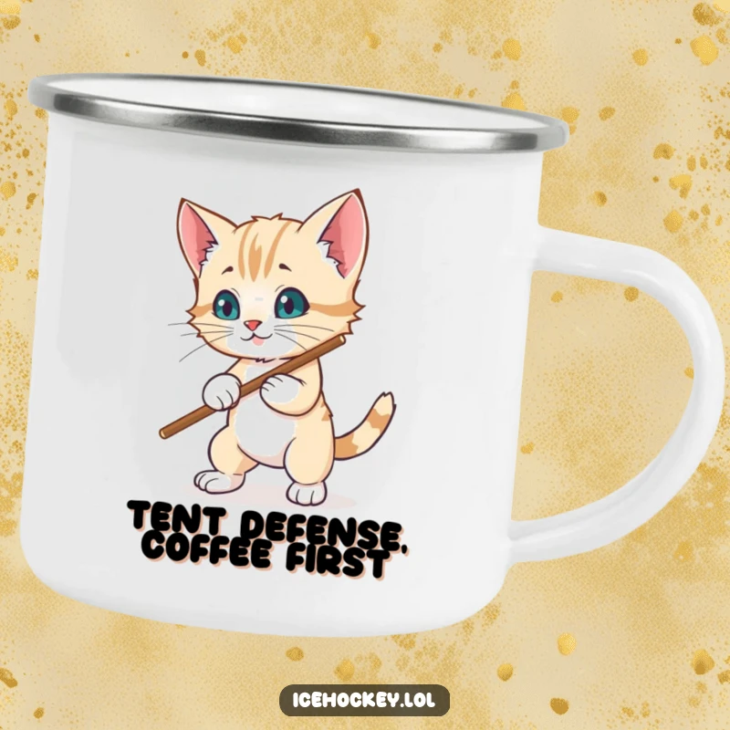 Funny camping mug: A wobbly kitten hilariously tries to block a hockey puck with its stick amidst nature.