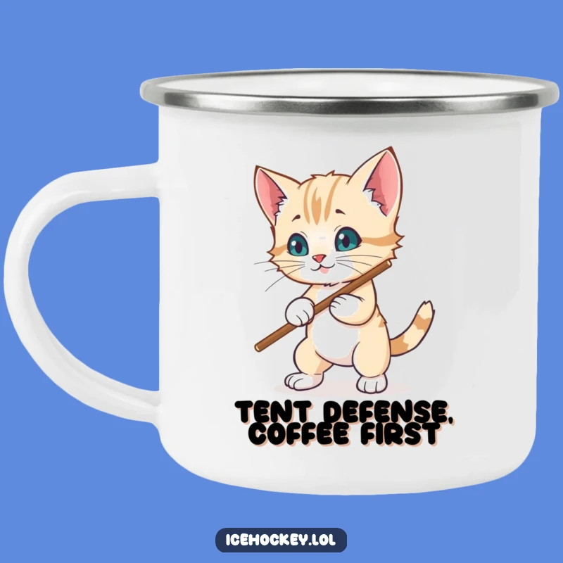 Funny Kitten Hockey Camping Mug: Wobbly Blocker Defends Goal, Outdoor Humor Gift