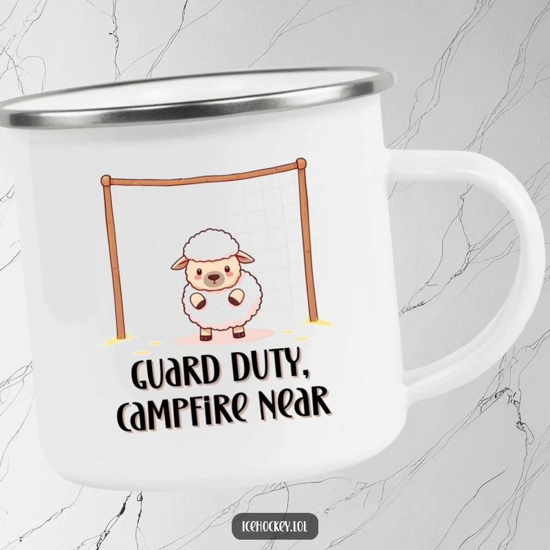 Funny sheep character, styled as a goalie, guards an empty net on a durable camping mug.