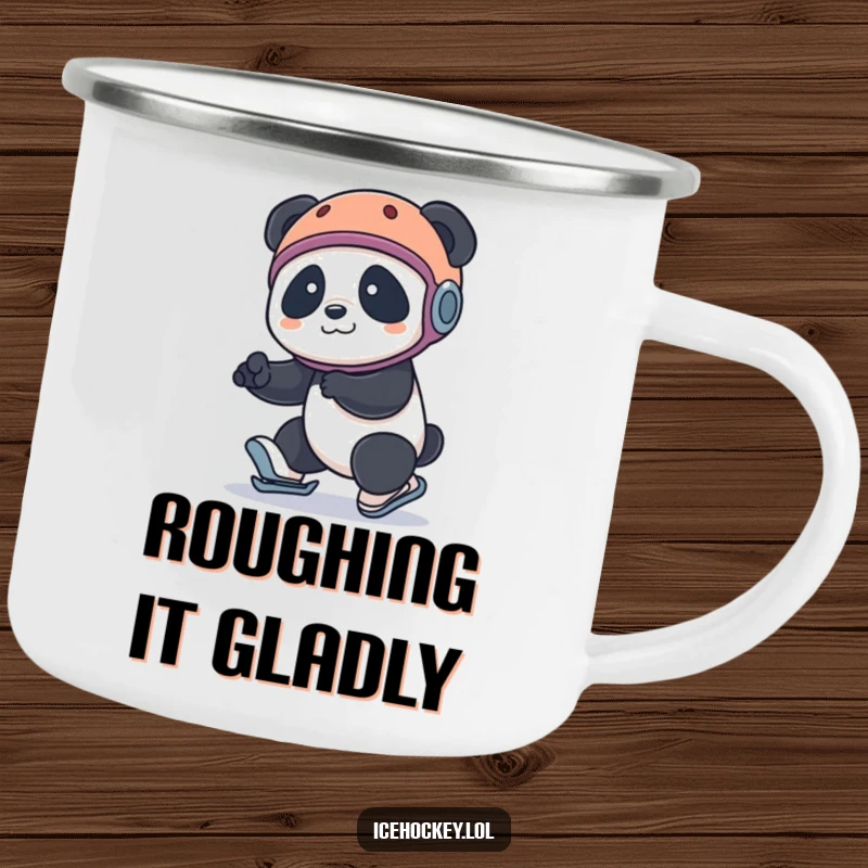 Funny panda camping mug: a panda wearing a helmet comically tripping on roller skates during an outdoor adventure, radiating pure fun.
