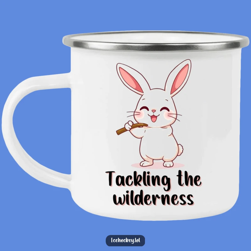 Funny Hockey Rabbit Camping Mug: Enamel Rabbit Checking, Outdoor Funny Gift