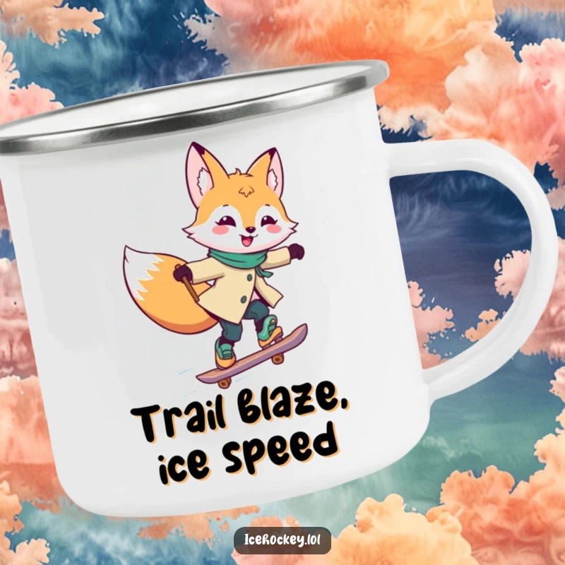 Funny Camping Mug with a joyful fox skating rapidly, stick held high, designed for durability and outdoor cheer.