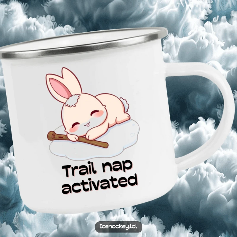 Funny camping mug with a smiling rabbit lying on ice skates, stick fallen. For outdoor relaxation.