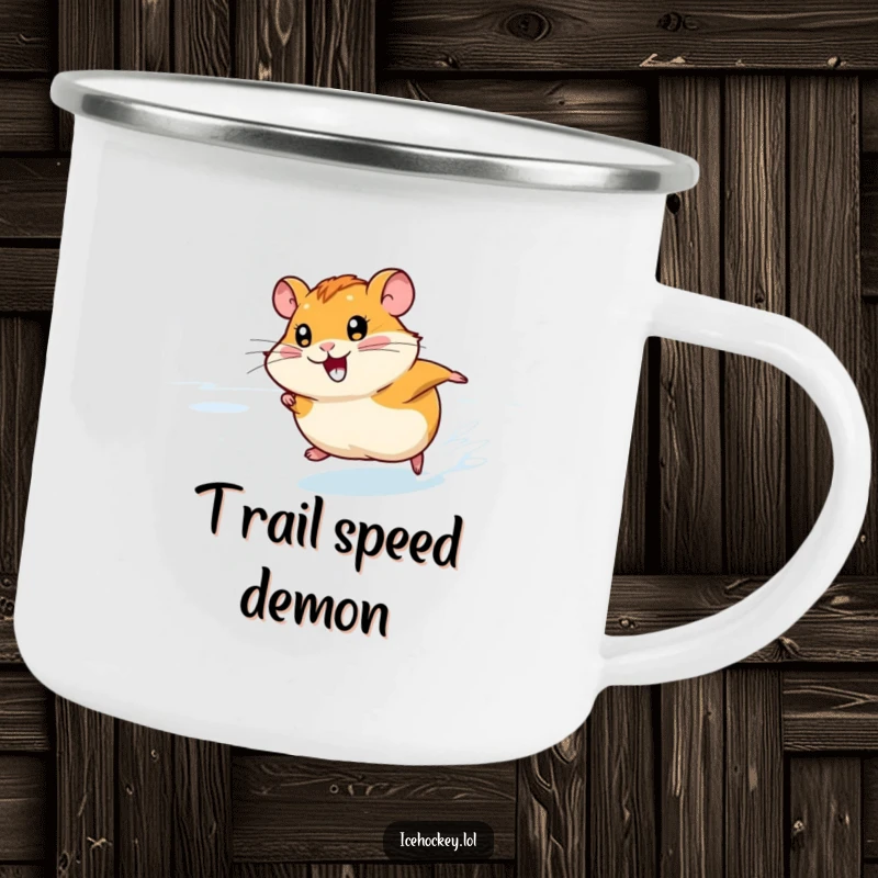 Funny Hamster Ice Camping Mug: A smiling hamster races fast across the ice, perfect for enjoying drinks outdoors with a touch of humor.