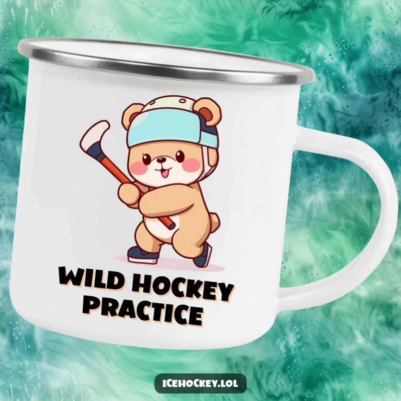 Funny Bear Camping Mug: A durable mug depicting a cheerful bear wearing a helmet and swinging a hockey stick outdoors.