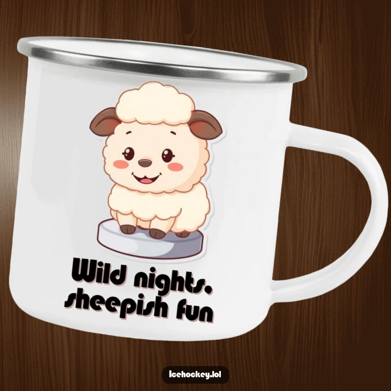 Funny Sheep Camping Mug with a fluffy cartoon sheep blocking a puck with a big smile, ideal for outdoor enthusiasts.
