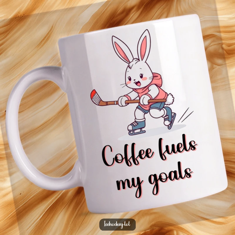 Funny mug showing an enthusiastic bunny confidently skating with a hockey stick, ready for a playful game on the ice.