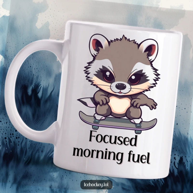 Funny badger mug showing a brave, determined badger skating with intense concentration, a humorous take on focus.