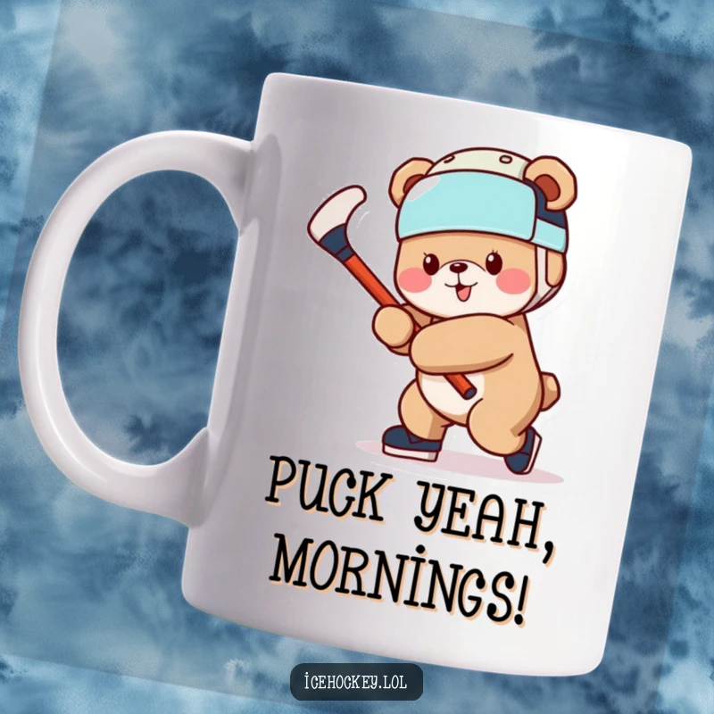 Funny Bear Mug: A cheerful brown bear wearing a hockey helmet, energetically swinging a hockey stick.