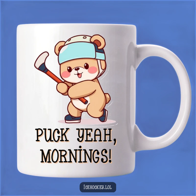 Funny Bear Hockey Mug: Cheerful Bear Swinging Stick Gift!