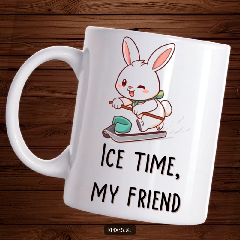 Funny mug showcasing a smiling, determined bunny player rapidly gliding on ice with a hockey puck, ready to score.