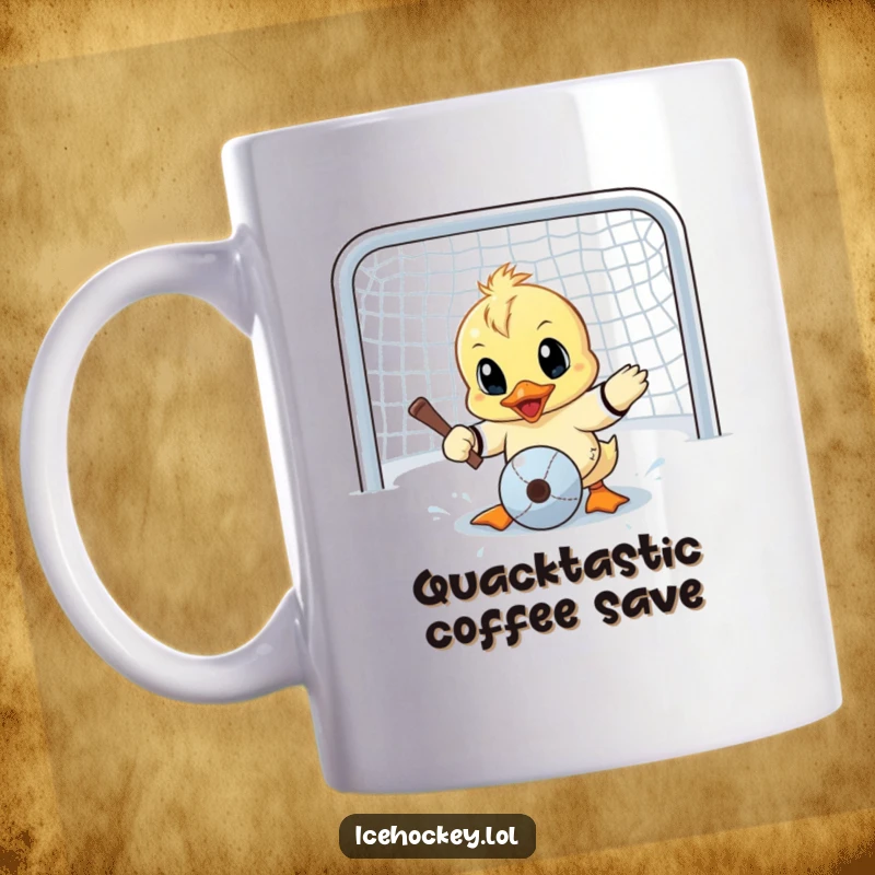 Funny mug featuring a small duck intensely attempting a goalie save, eyes wide with humorous determination and slight panic.