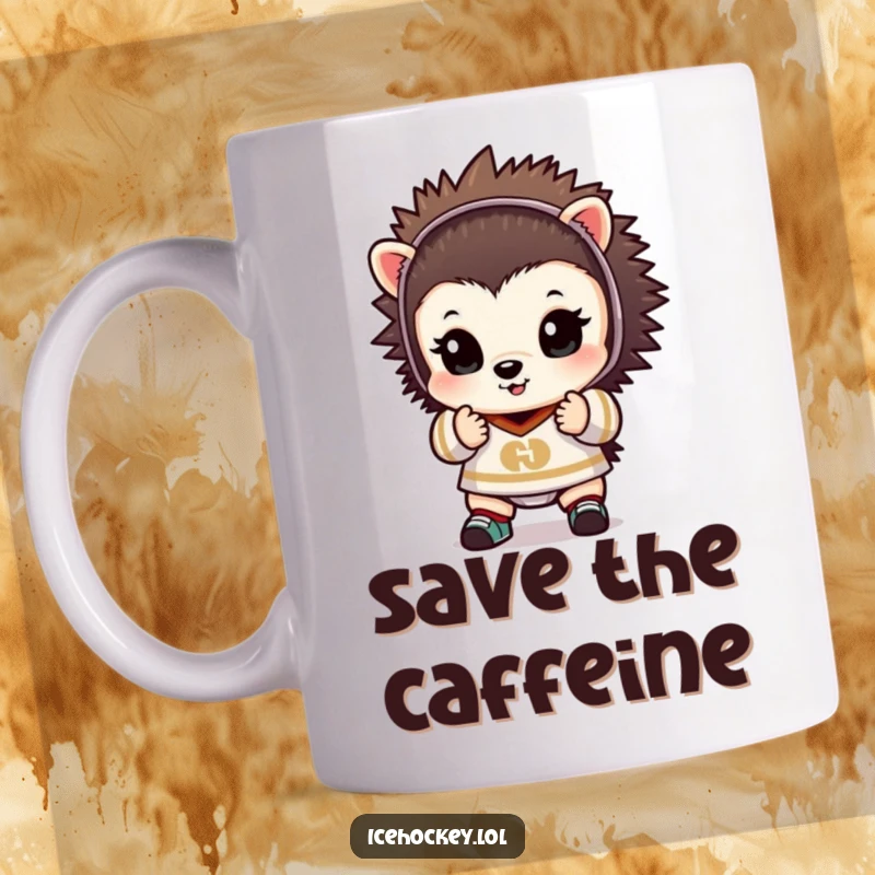 Funny mug showcasing a tiny hedgehog dressed as a goalie, hands raised in a defensive stance, ready to block.