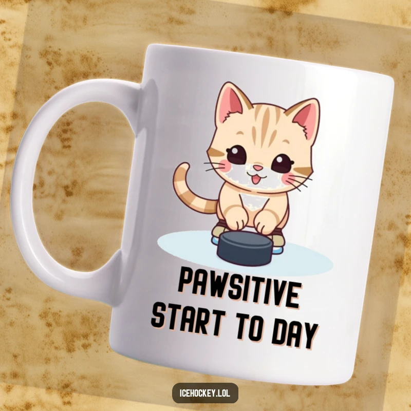 Funny kitten hockey mug showing an alert happy kitten bravely stopping the puck with its skates, full of playful determination.