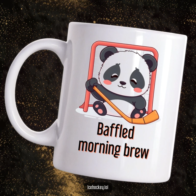 Funny mug showing a contented panda cub looking confused while staring at a hockey net, expressing gentle bewilderment.
